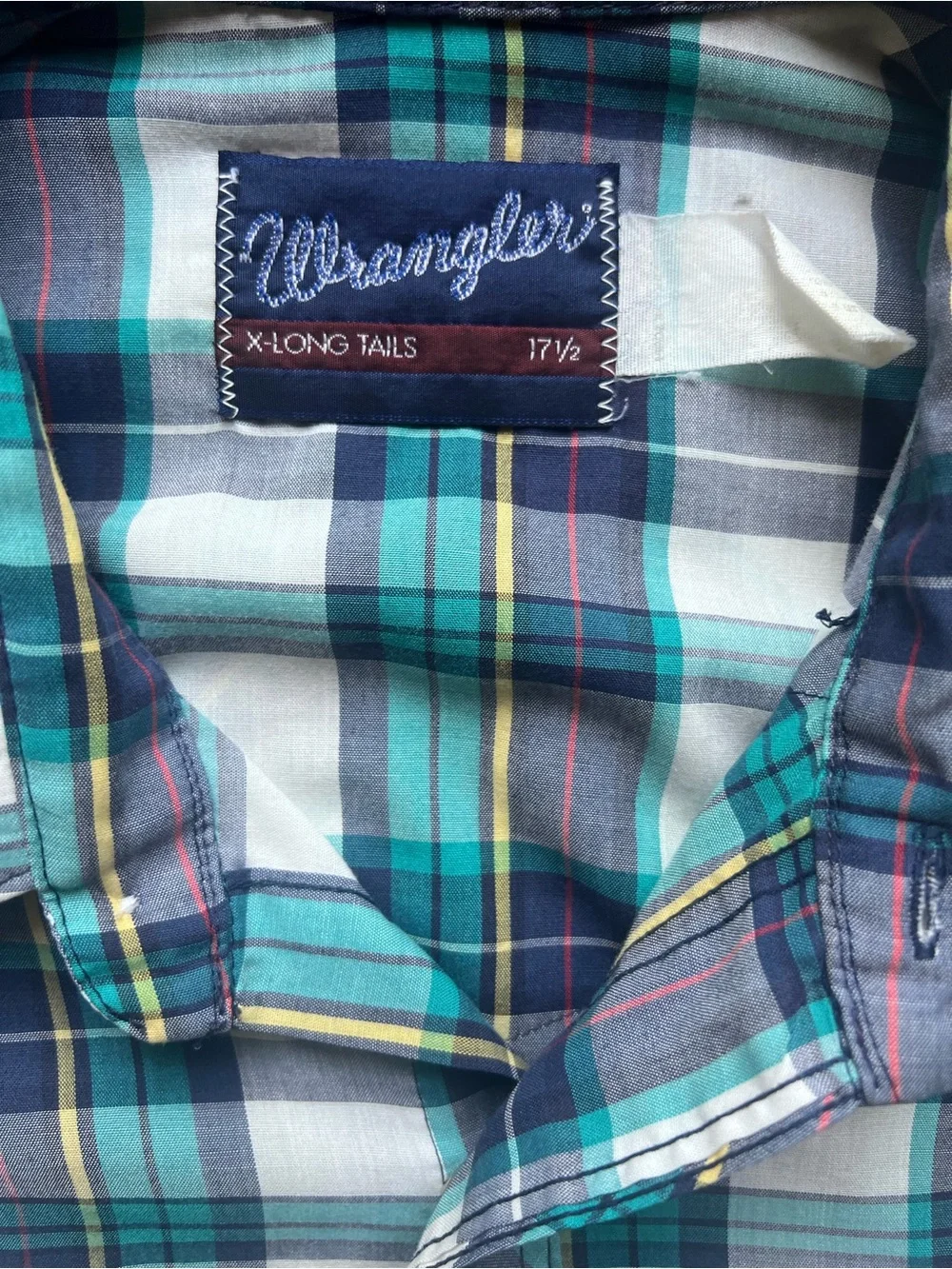 Vintage Wrangler Western Pearl Snap Shirt Mens 17.5 XL Teal Plaid Made in USA